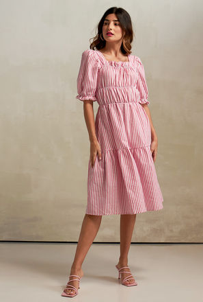 Striped Square Neck Midi Dress with Puff Sleeves and Ruffles