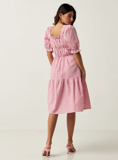 Striped Square Neck Midi Dress with Puff Sleeves and Ruffles