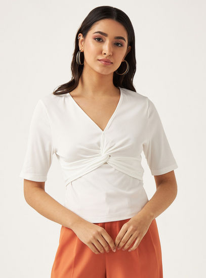 Ribbed V-neck Top with Knot Detail and Short Sleeves