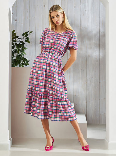 Checked Round Neck Midi Dress with Tie-Up Belt and Flounce Hem