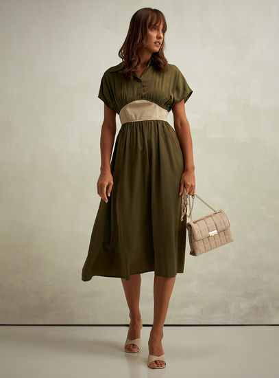 Solid A-line Dress with Spread Collar and Grown On Sleeves