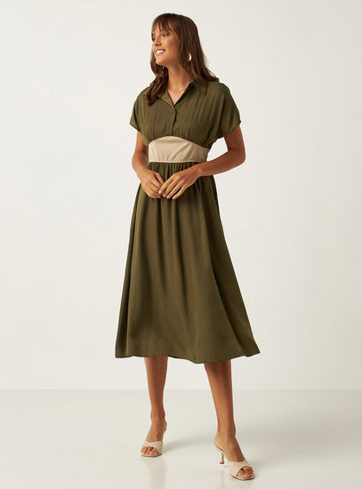 Solid A-line Dress with Spread Collar and Grown On Sleeves