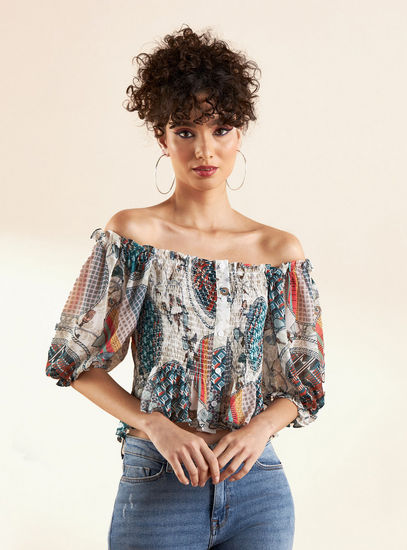 Printed Square Neck Top with Shirred Detail and Puff Sleeves-Shirts & Blouses-image-0