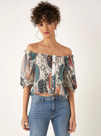 Printed Square Neck Top with Shirred Detail and Puff Sleeves-Shirts & Blouses-image-1