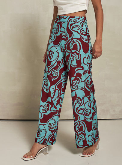 All Over Print Wide Leg Pants with Pockets and Zip Closure