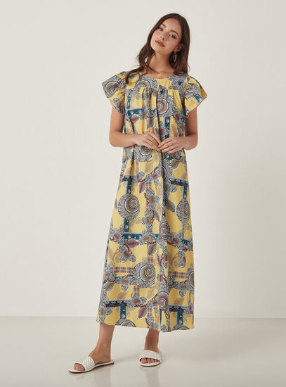 Printed Midi Dress with Flutter Sleeves and Round Neck
