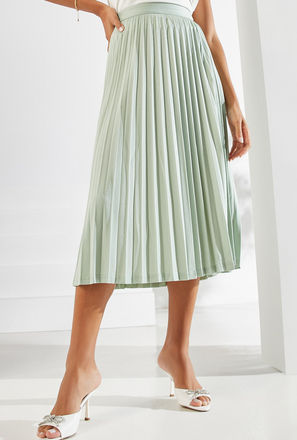 Solid Pleated Skirt with Waistband and Back Zip Closure