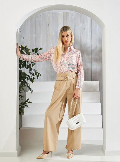 Solid Wide Leg Pants with Paperbag Waist and Buckle Belt Closure