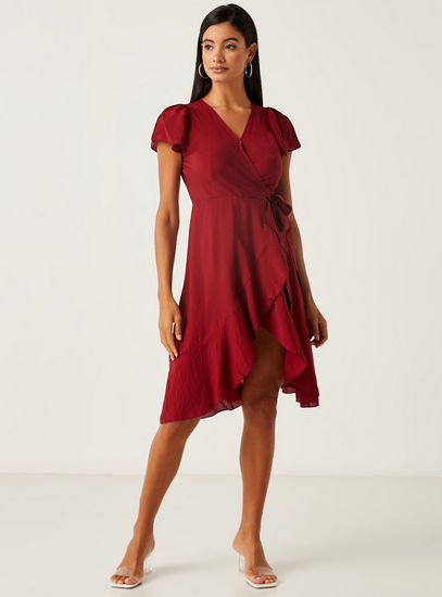 Solid Short Sleeves Wrap Dress with V-neck and Tie-Up Belt