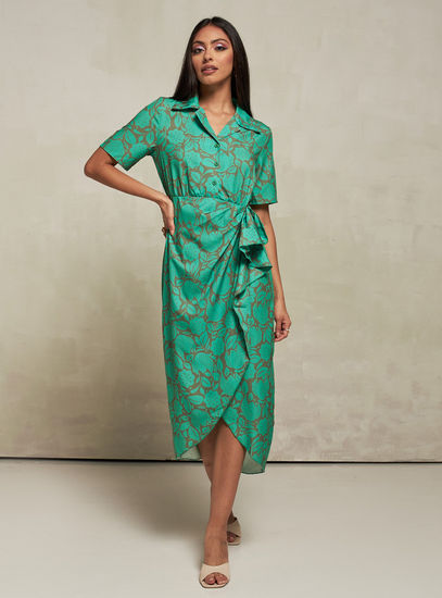 All Over Floral Print Midi Dress with Collar and Short Sleeves