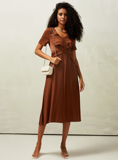 Solid V-neck Midi Dress with Drape Detail and Zip Closure