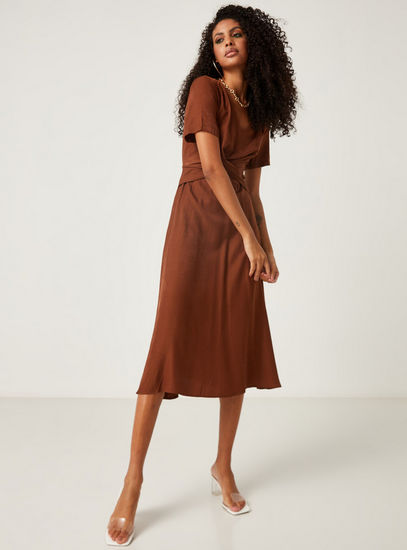 Solid V-neck Midi Dress with Drape Detail and Zip Closure