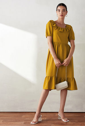 Solid Short Sleeve Midi Dress with Ruffles and Flounce Hem