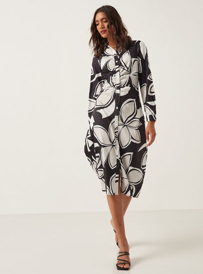 Floral Print Shirt Dress with Long Sleeves and Button Closure-Midi-image-1