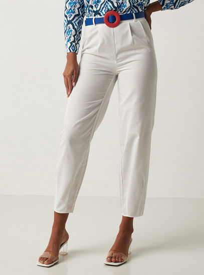 Solid Pants with Pleat Detail and Buckle Belt