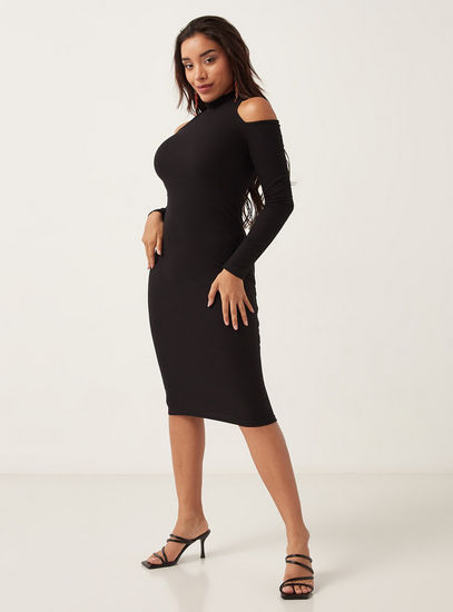Solid Bodycon Dress with High Neck and Cutout Detail-Midi-image-1