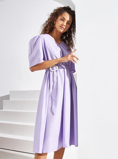 Solid Midi Dress with V-neck and Belt Detail