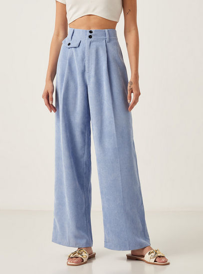 Ribbed Mid-Rise Pants with Button Closure and Flap Pocket