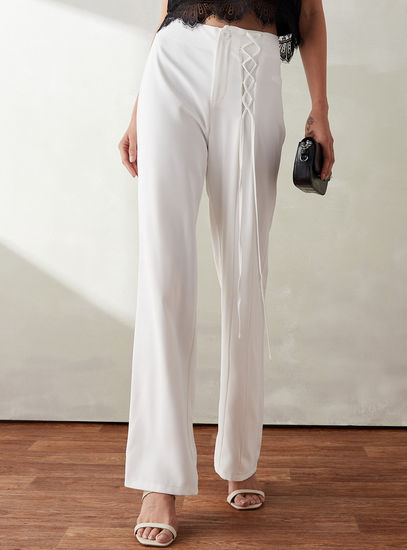 Solid Full Length Pants with Tie-Up Detail and Zip Closure