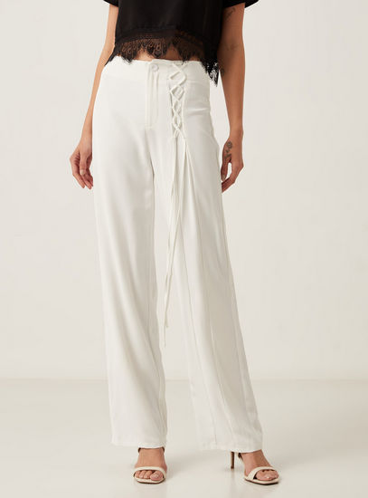 Solid Full Length Pants with Tie-Up Detail and Zip Closure