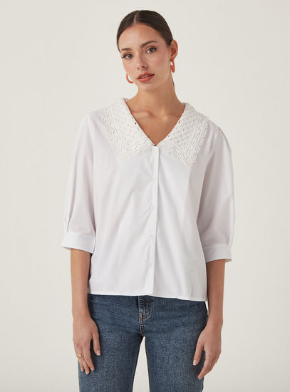 Solid Shirt with Lace Collar and Puff Sleeves-Shirts & Blouses-image-1