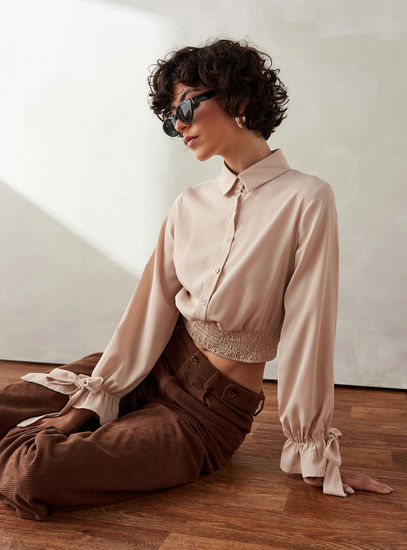 Solid Shirred Detail Top with Long Sleeves and Collar-Shirts & Blouses-image-0
