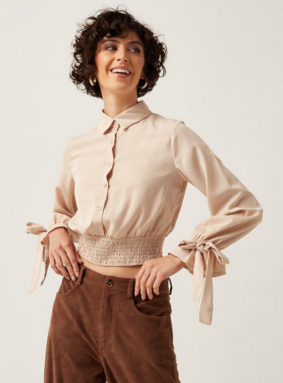 Solid Shirred Detail Top with Long Sleeves and Collar-Shirts & Blouses-image-1