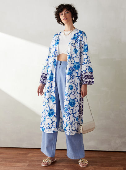 Floral Print Kimono Jacket with Belt Tie-Ups and Long Sleeves-Kimonos & Shrugs-image-0
