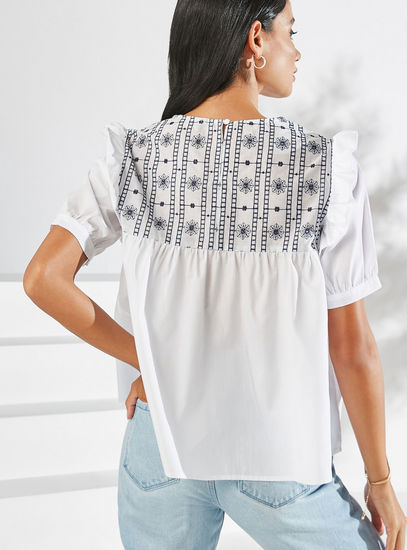 Embroidered Short Sleeve Top with Round Neck and Frill Detail