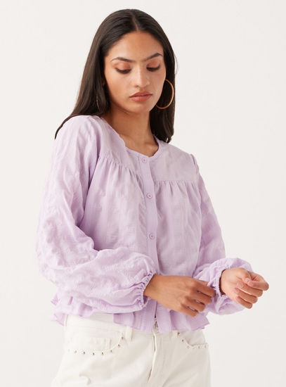Textured Round Neck Shirt with Ruffles and Balloon Sleeves