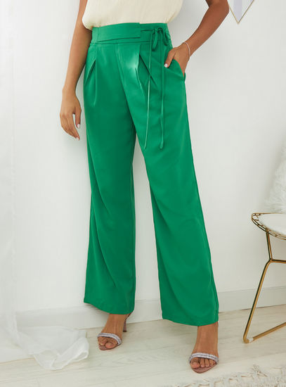 Solid Wide Leg Pants with Zip Closure and Tie-Ups