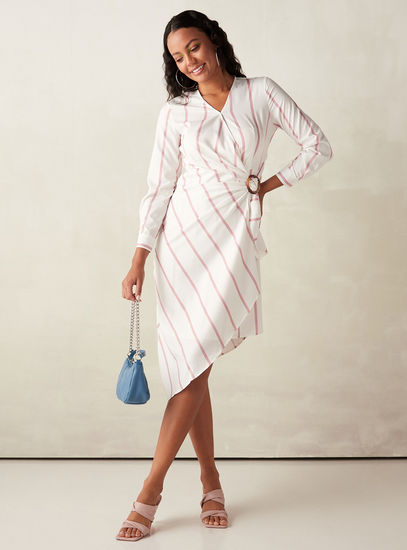 Striped Long Sleeves Asymmetrical Dress with V-neck and Buckle Belt-Midi-image-0
