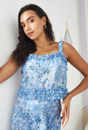 All Over Floral Print Sleeveless Crop Top with Zip Closure and Frill Detail