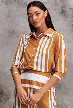 Striped Shirt with 3/4 Sleeves and Button Closure