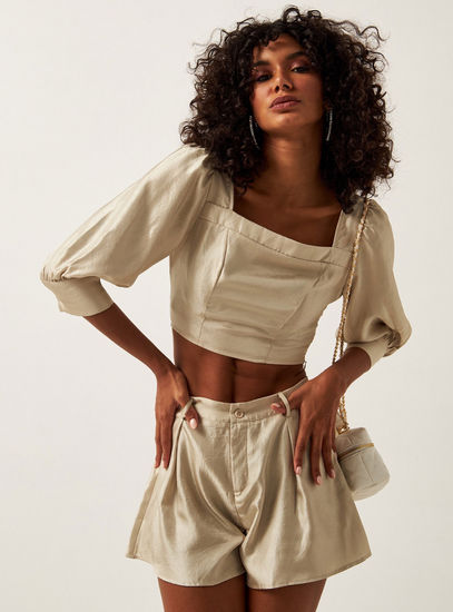 Solid Square Neck Crop Top with 3/4 Sleeves