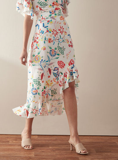 All Over Printed Asymmetric  Skirt with Ruffle Hem and Waistband