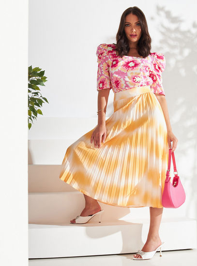 Dip-Dye Print Pleated Skirt with Waistband