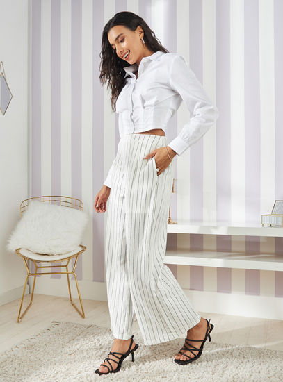 Striped Full Length Pants with Elasticated Waistband and Pocket