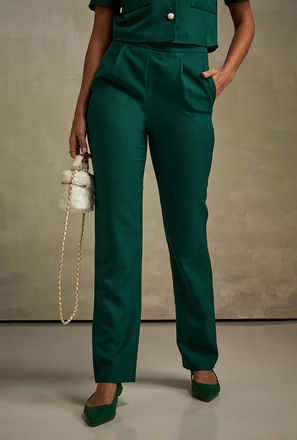 Solid High-Rise Full Length Pants with Zip Closure and Pockets