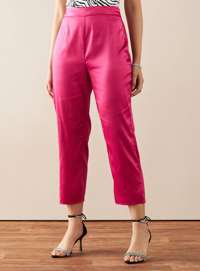 Solid High-Rise Pants with Waistband and Side Zip Closure