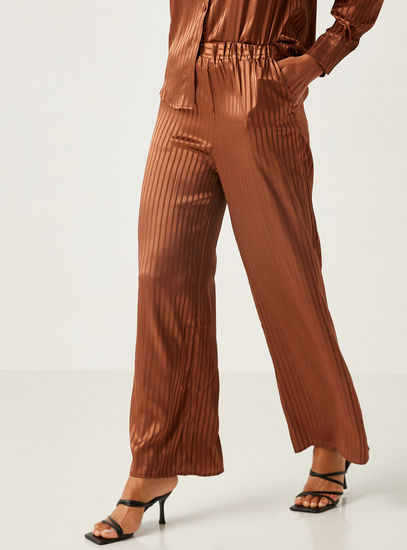 Striped Wide Leg Pants with Elasticated Waistband and Pocket