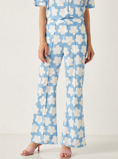Floral Print Flared Pants with Button Closure and Pockets