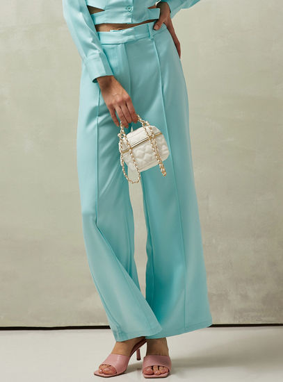 Solid Wide Leg Full Length Pants with Hook Closure
