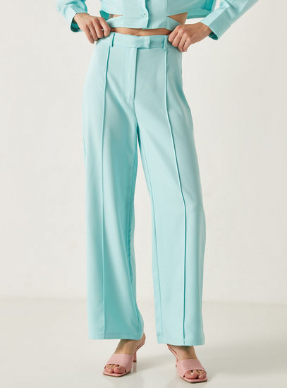 Solid Wide Leg Full Length Pants with Hook Closure