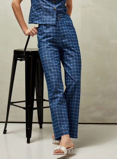 Checked Full Length Pants with Button Closure and Pockets