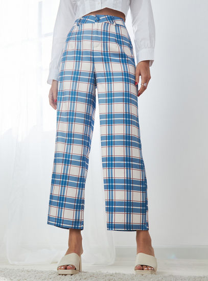 Checked Full Length Pants with Button Closure