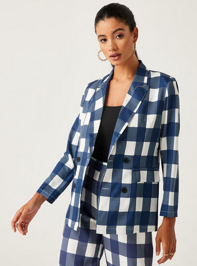 Checked Long Sleeve Blazer with Notch Lapel and Flap Pockets