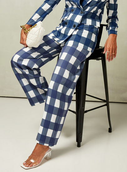 Checked Full-Length Wide Leg Pants with Button Closure and Side Zipper