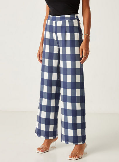 Checked Full-Length Wide Leg Pants with Button Closure and Side Zipper