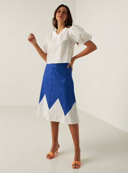 Colourblock Skirt with Button Detail and Waistband